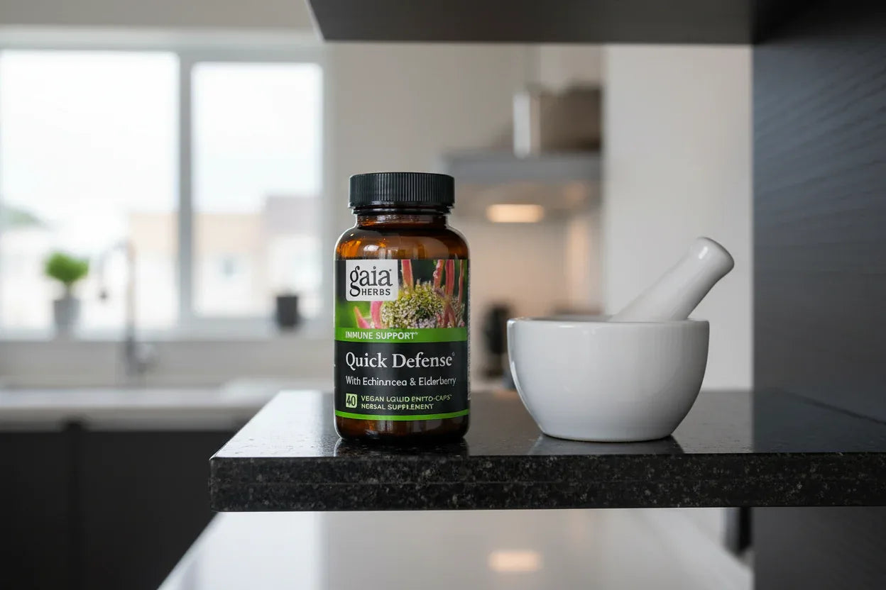 Gaia Herbs Quick Defense 40ct Phyto-Caps on black granite kitchen shelf with mortar and pestle — holistic herbal immune support routine