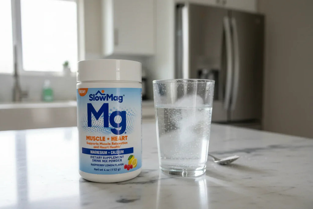 SlowMag Mg powder jar next to effervescent glass of water on marble kitchen island