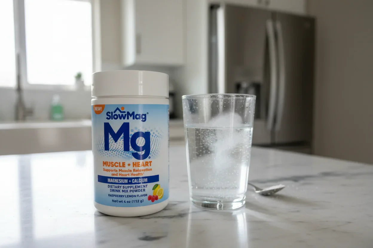 SlowMag Mg powder jar next to effervescent glass of water on marble kitchen island