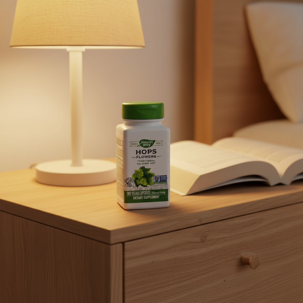 Nature's Way Hops Flowers bottle on modern light-oak nightstand next to warm glowing bedside lamp and open evening reading book
