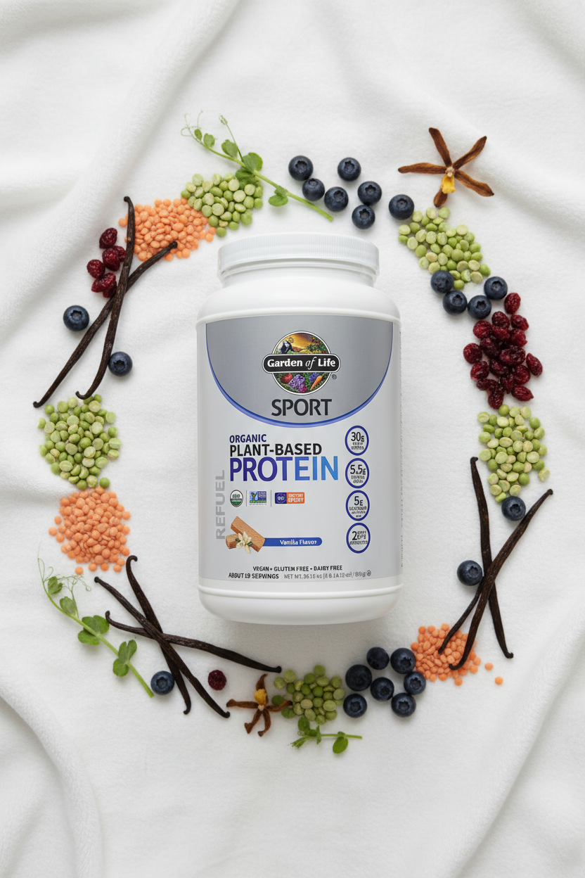 Garden of Life Sport Organic Plant Protein vanilla flat lay on white background with peas lentils cranberries and vanilla beans