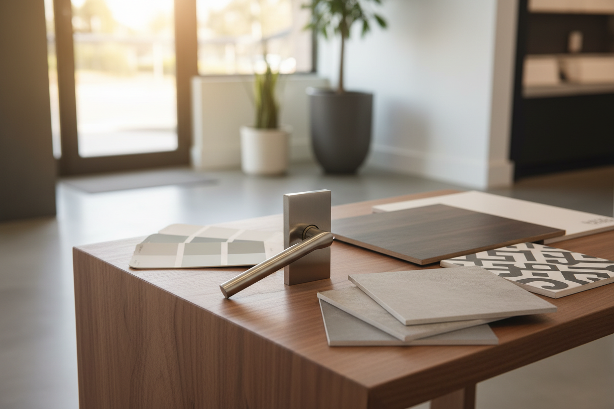 Baldwin Reserve contemporary half-dummy lever on walnut entryway table with paint swatches and flooring tile samples