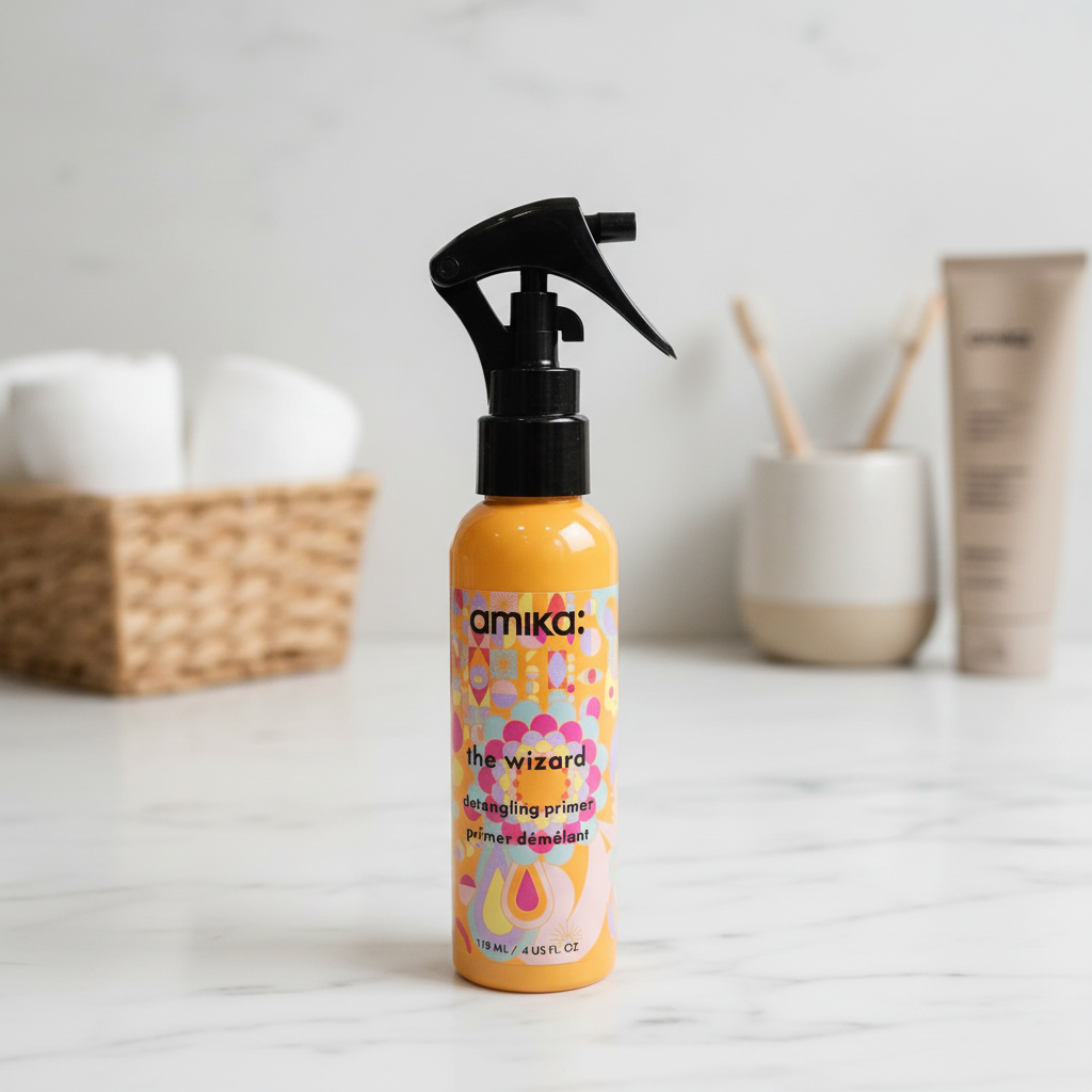 amika The Wizard Detangling Primer 4 fl oz on a clean marble bathroom counter