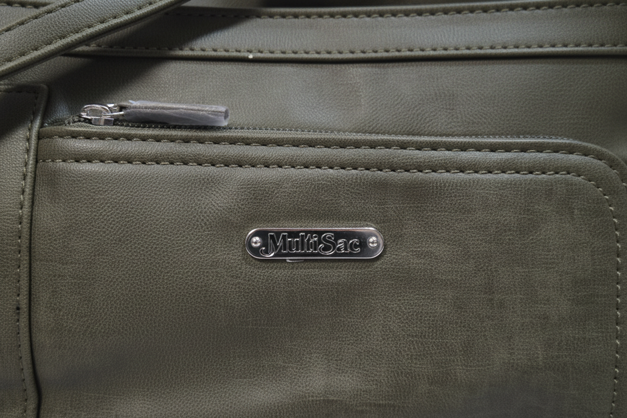 Close-up of MultiSac Summerville olive green vegan leather crossbody bag silver logo plate and zipper hardware detail