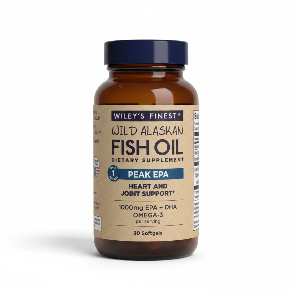 AI-generated contextual image of Wiley's Finest Peak EPA Wild Alaskan Fish Oil 90 Softgels on a white background