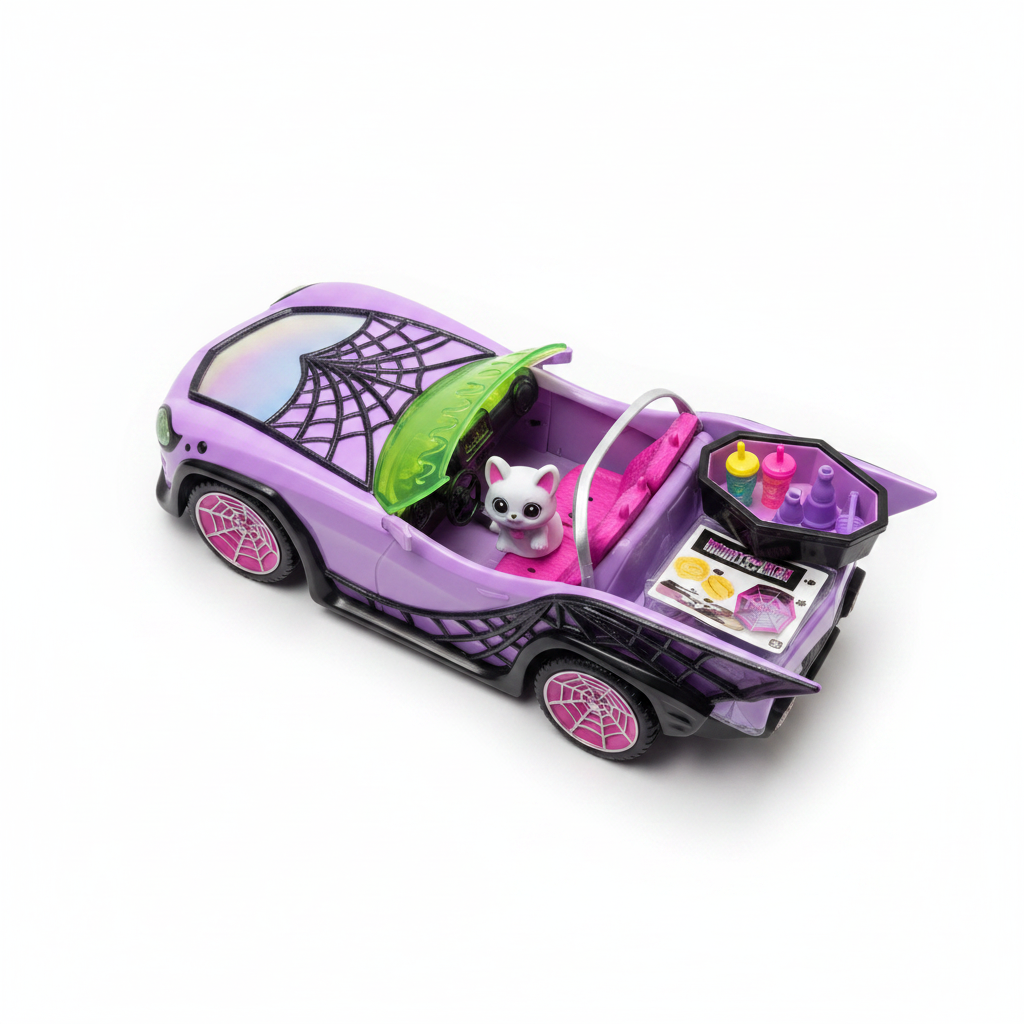 Overhead flat lay of the purple Monster High Ghoul Mobile toy car with ghost pet figure, coffin-shaped cooler, and drink accessories on a white surface.