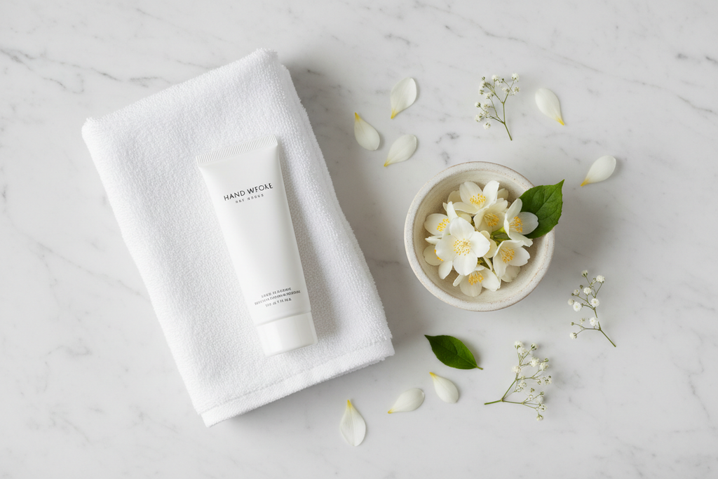 Top-down flat lay of hand cream tube with folded white towel, ceramic bowl, and white flowers on marble