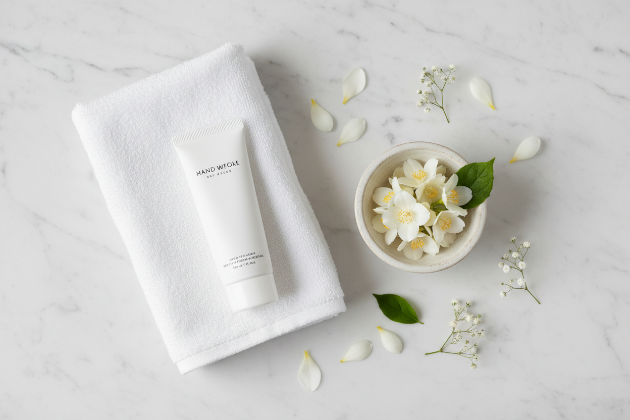Top-down flat lay of hand cream tube with folded white towel, ceramic bowl, and white flowers on marble