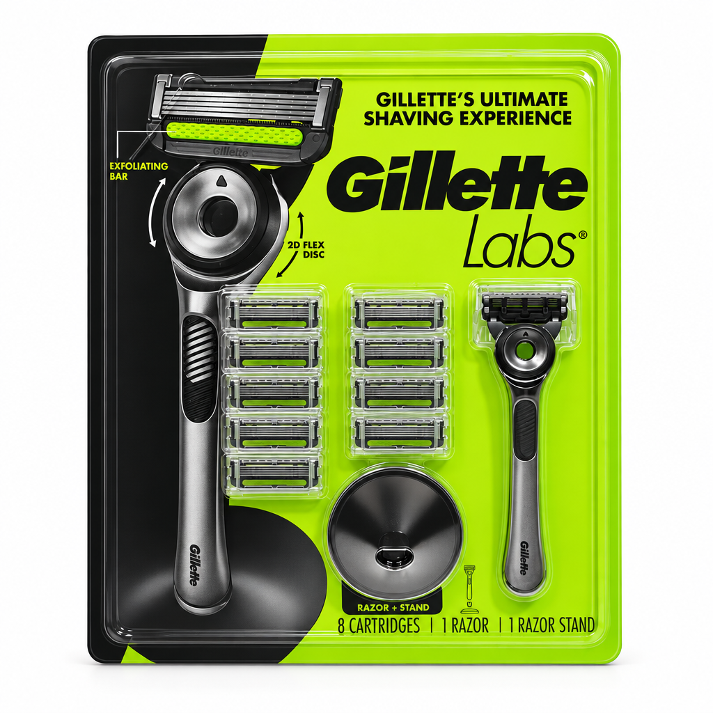 GilletteLabs Exfoliating Bar Razor Kit retail package with handle, cartridges and magnetic stand on a white background