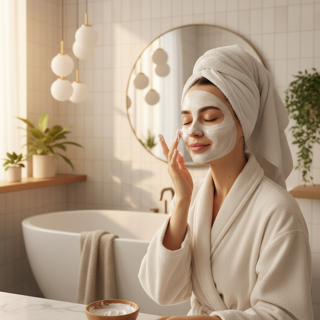 Woman applying a creamy rescue mask in a serene bathroom
