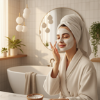 Woman applying a creamy rescue mask in a serene bathroom