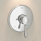 Grohe Fairborn polished chrome shower trim set close-up showing gleaming chrome lever handle with white ceramic insert and temperature indicator dots