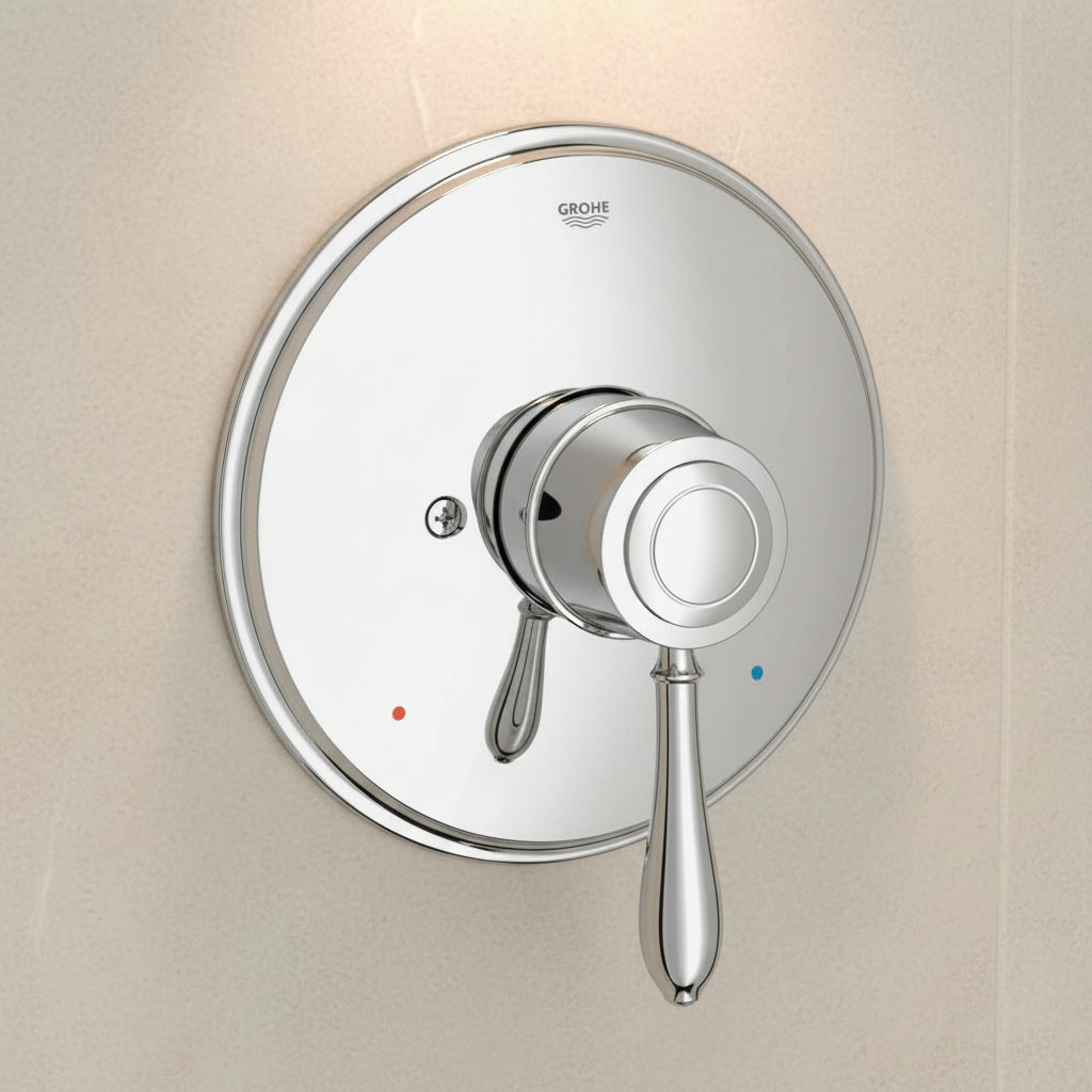 Grohe Fairborn polished chrome shower trim set close-up showing gleaming chrome lever handle with white ceramic insert and temperature indicator dots
