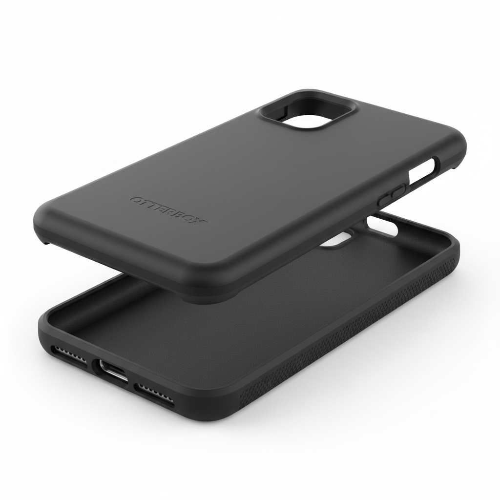 Studio shot of black OtterBox Commuter Series case showing two-piece polycarbonate shell and rubber slipcover construction
