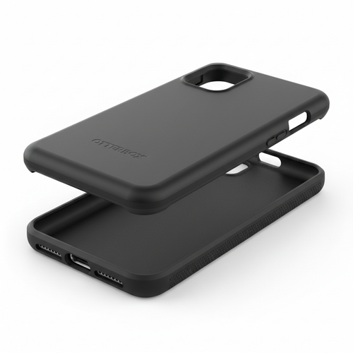 Studio shot of black OtterBox Commuter Series case showing two-piece polycarbonate shell and rubber slipcover construction