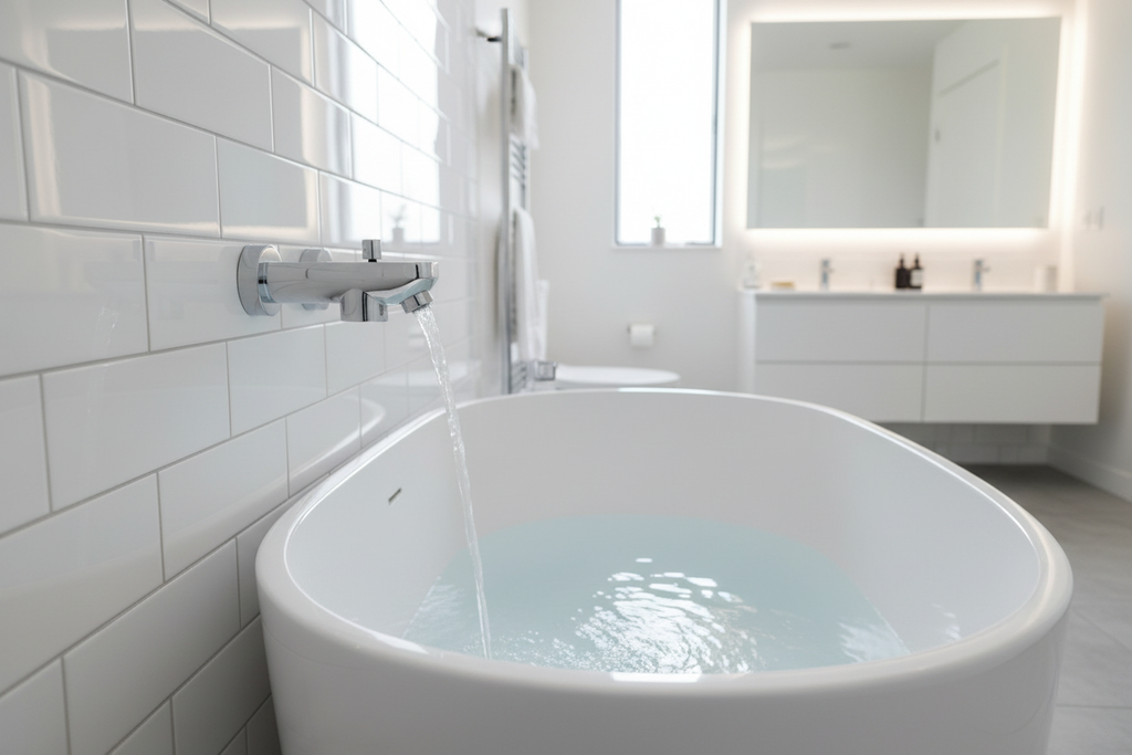 Grohe Lineare StarLight chrome tub spout with pull diverter wall mounted on white subway tile above freestanding soaking tub with water flowing
