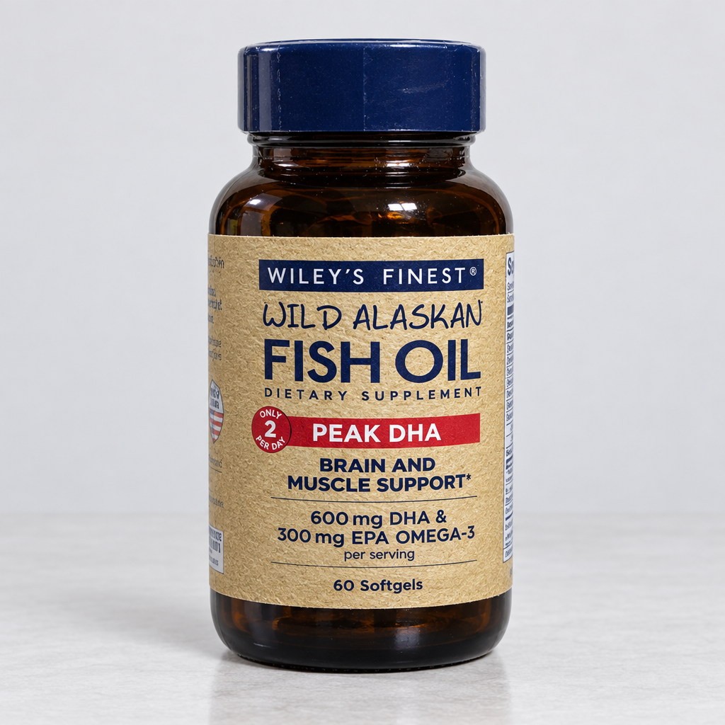 Wiley's Finest Peak DHA 60-softgel bottle on a neutral studio surface