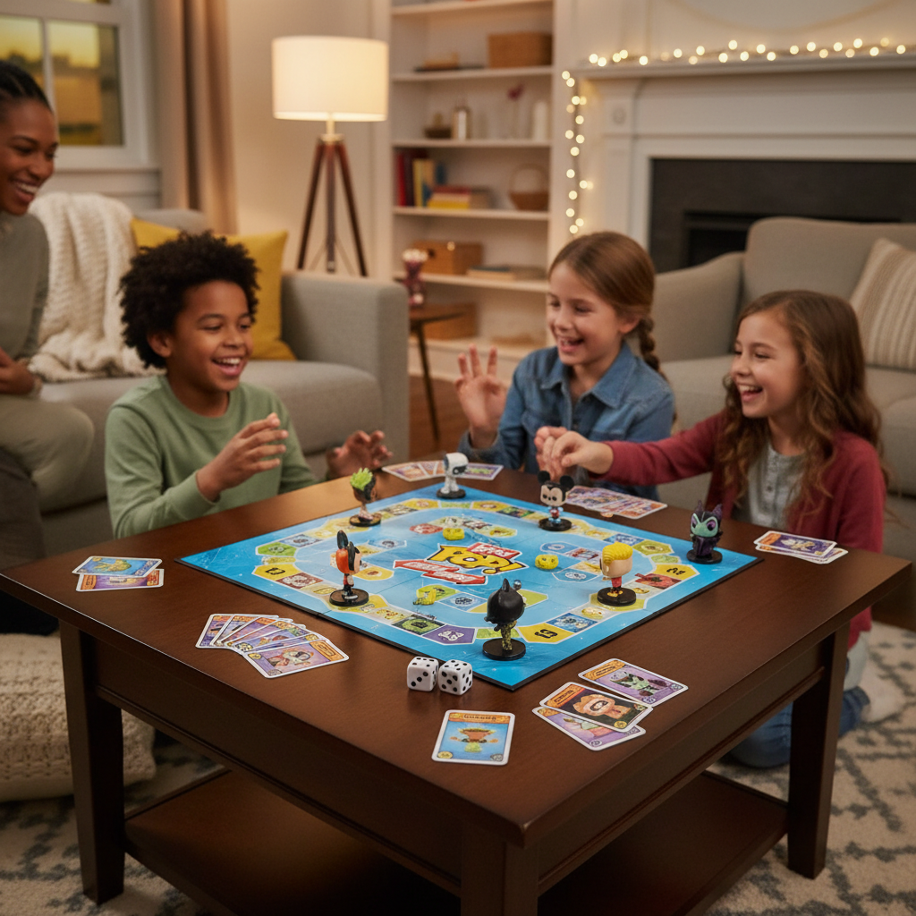 Disney Bitty Pop! Chase Game displayed on living room coffee table during family game night with all components visible.