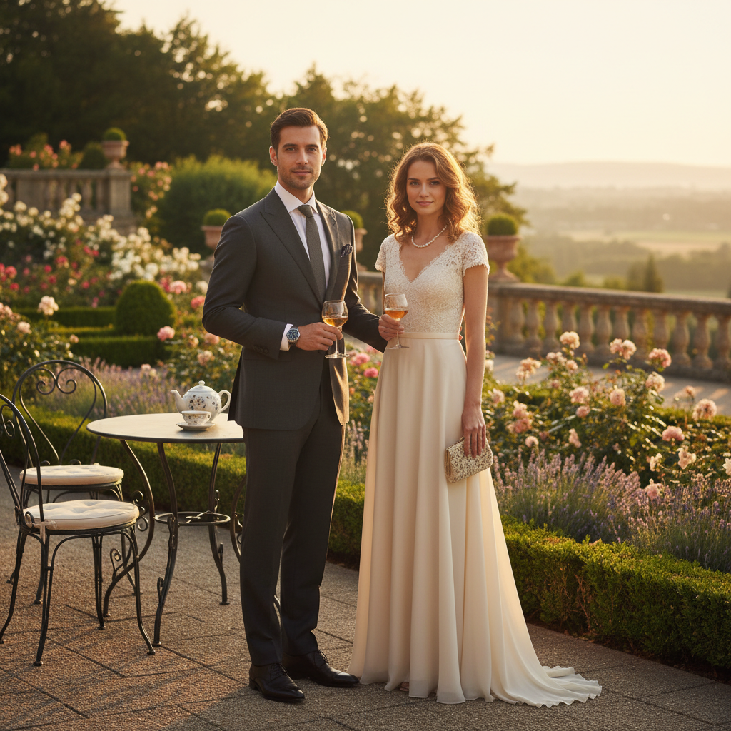 Well-dressed couple on outdoor garden terrace at golden hour