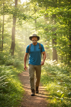 Confident man in his 50s hiking on sunny trail through green woods healthy lifestyle photo