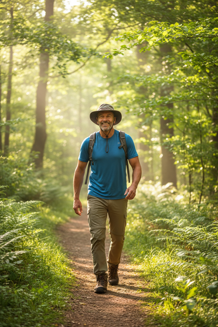 Confident man in his 50s hiking on sunny trail through green woods healthy lifestyle photo