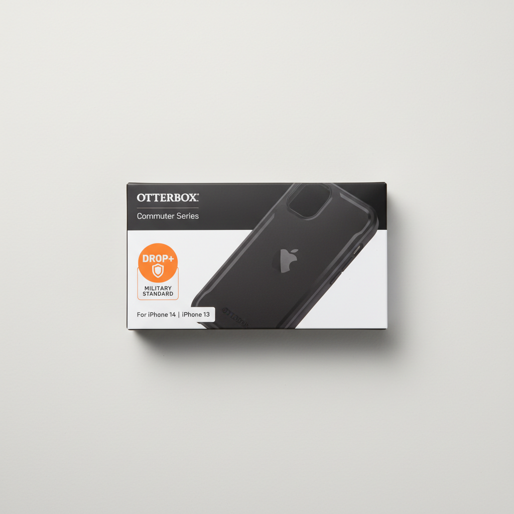 Top-down flat-lay of OtterBox Commuter Series retail box showing DROP+ branding and iPhone 14 iPhone 13 compatibility label