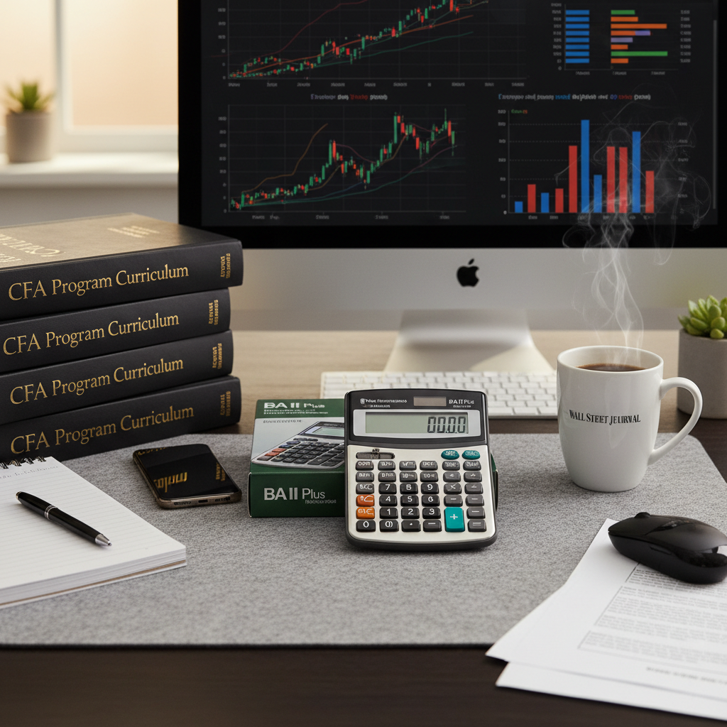 Texas Instruments BA II Plus calculator on professional desk with financial charts CFA study books and coffee cup business finance student lifestyle