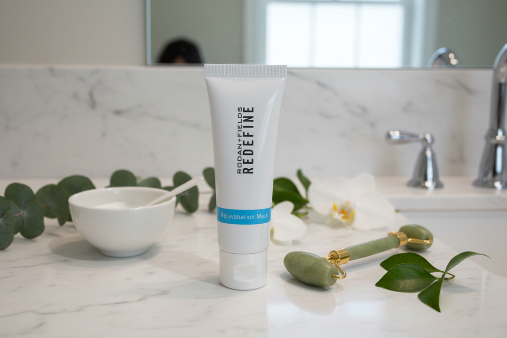 Rodan + Fields REDEFINE Rejuvenation Mask white tube on marble vanity with jade roller white bowl and fresh botanicals premium skincare – More4less Outlet