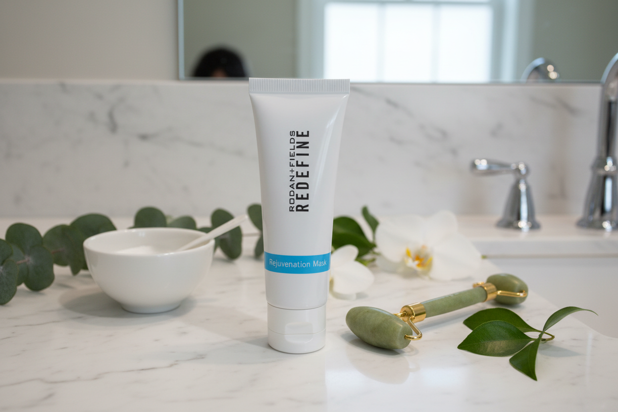 Rodan + Fields REDEFINE Rejuvenation Mask white tube on marble vanity with jade roller white bowl and fresh botanicals premium skincare – More4less Outlet