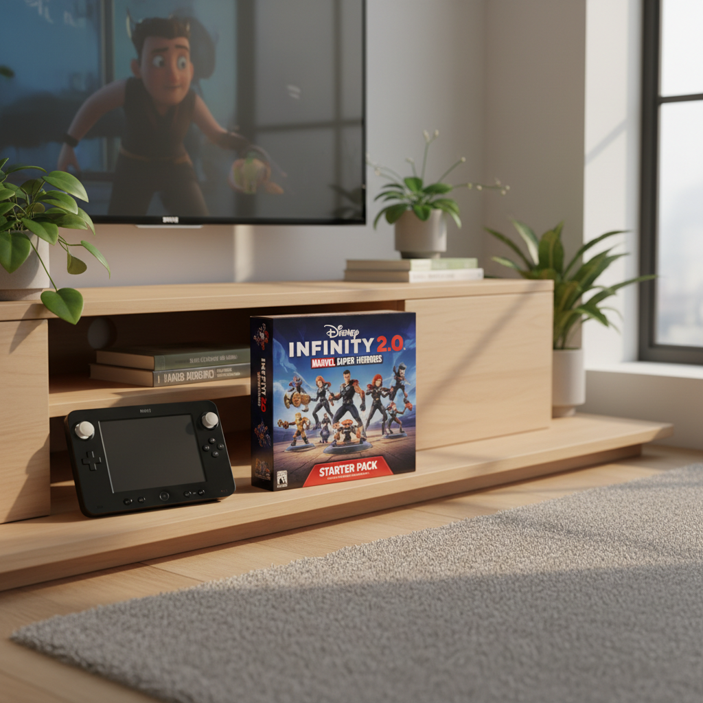 Disney Infinity 2.0 Marvel Super Heroes Starter Pack retail box on wooden media console next to Nintendo Wii U gamepad and console