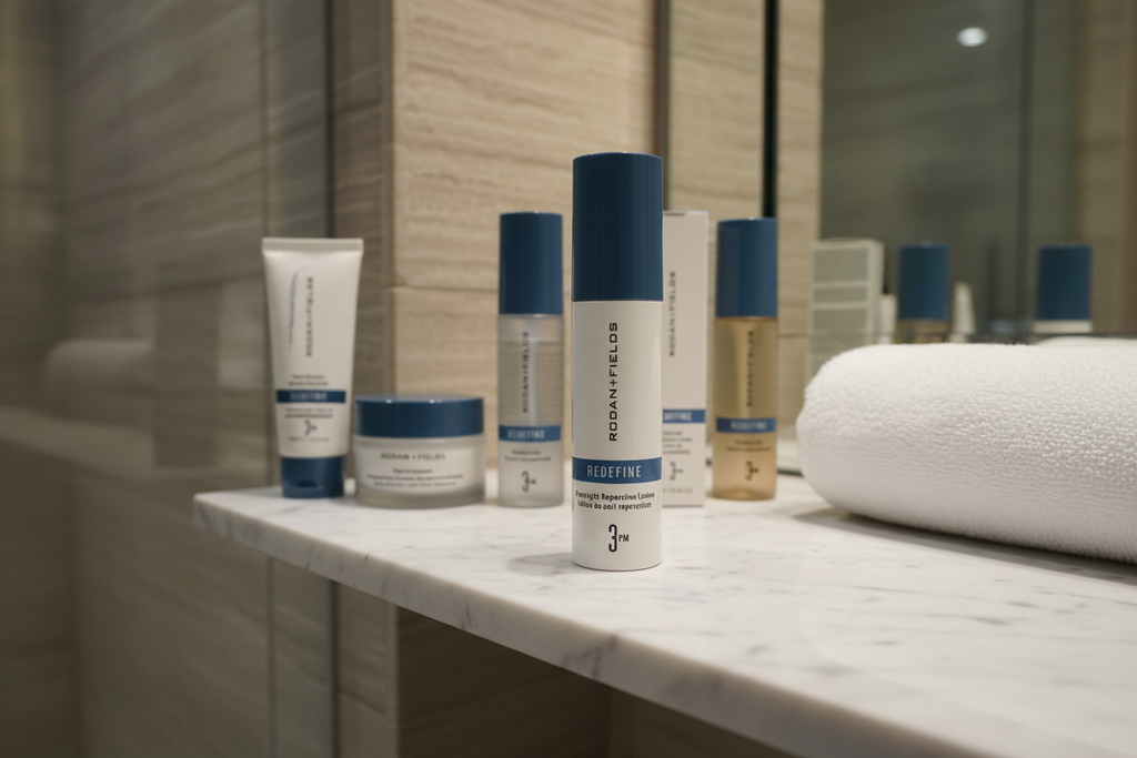 Rodan + Fields REDEFINE Overnight Reparative Lotion 3PM on luxury bathroom vanity shelf with premium skincare products and white towel – More4less Outlet