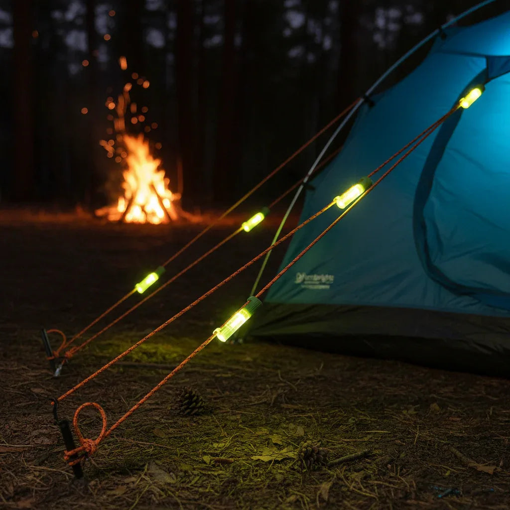 TentBrightz LED lights clipped to tent guylines glowing at night with campfire in background.