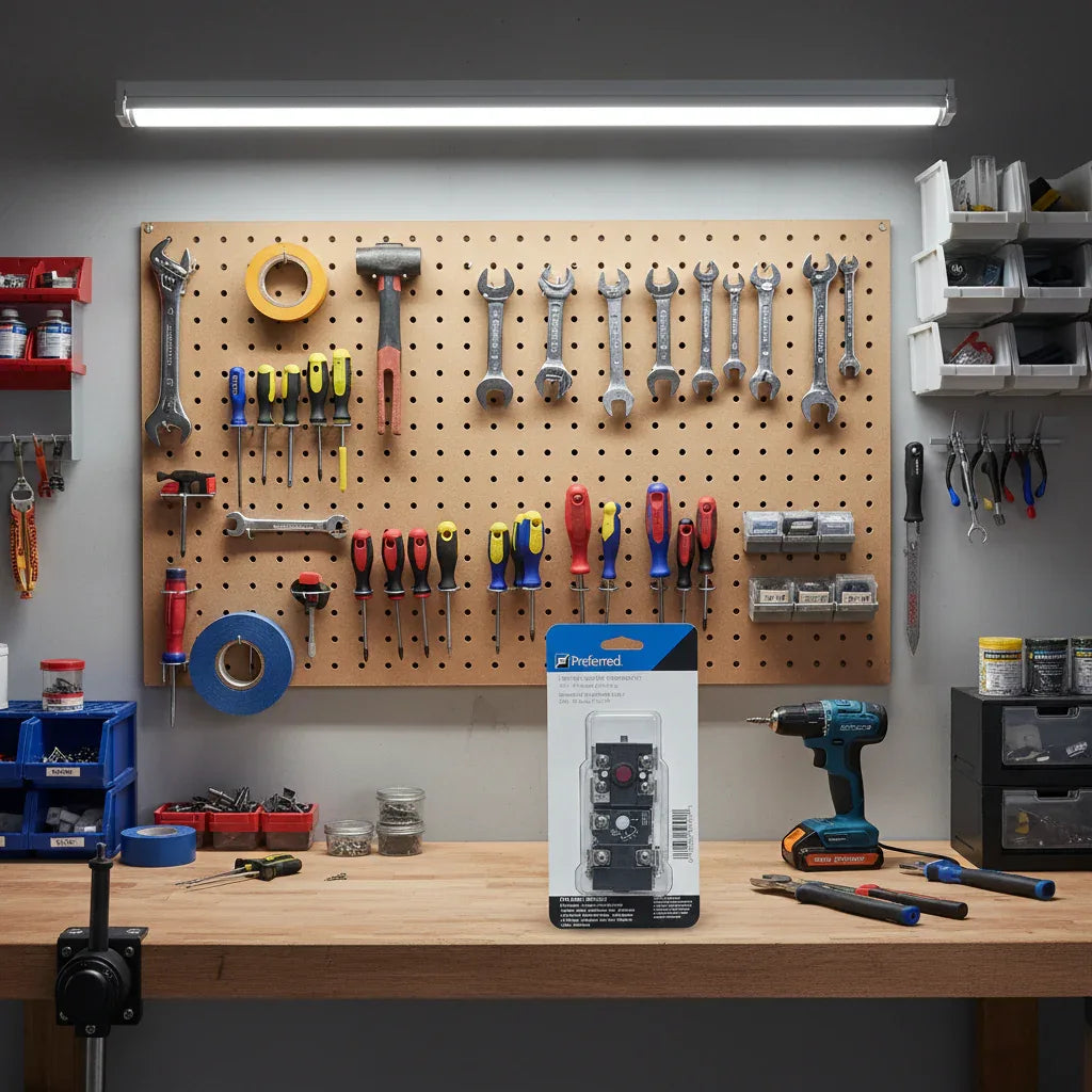 Preferred electric water heater thermostat in home garage workshop setting with DIY repair tools.