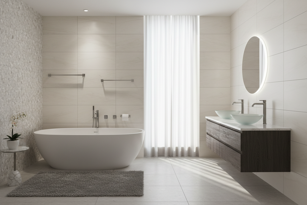 High-end bath interior with Studio S collection brushed nickel accessories and designer tile