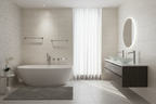 High-end bath interior with Studio S collection brushed nickel accessories and designer tile