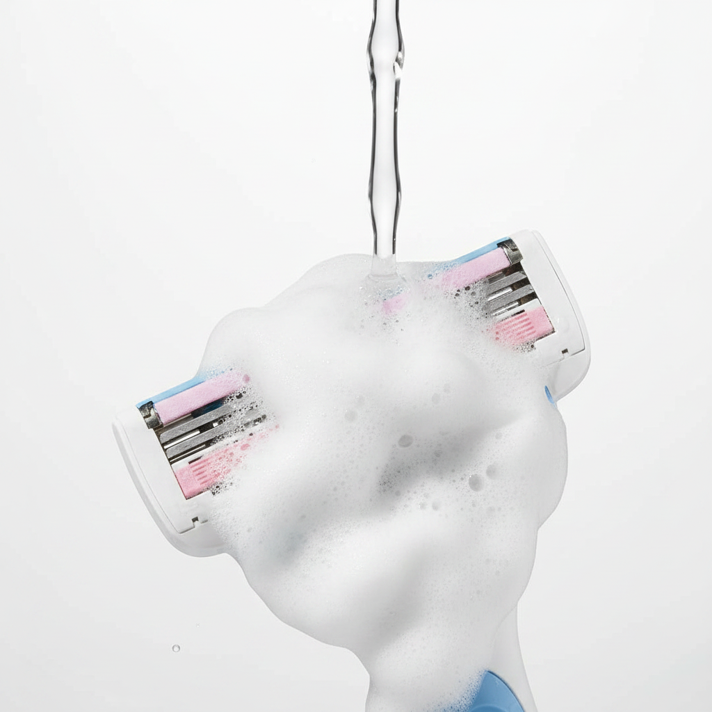 Close-up of soap gel bars dissolving into rich white lather on a razor cartridge