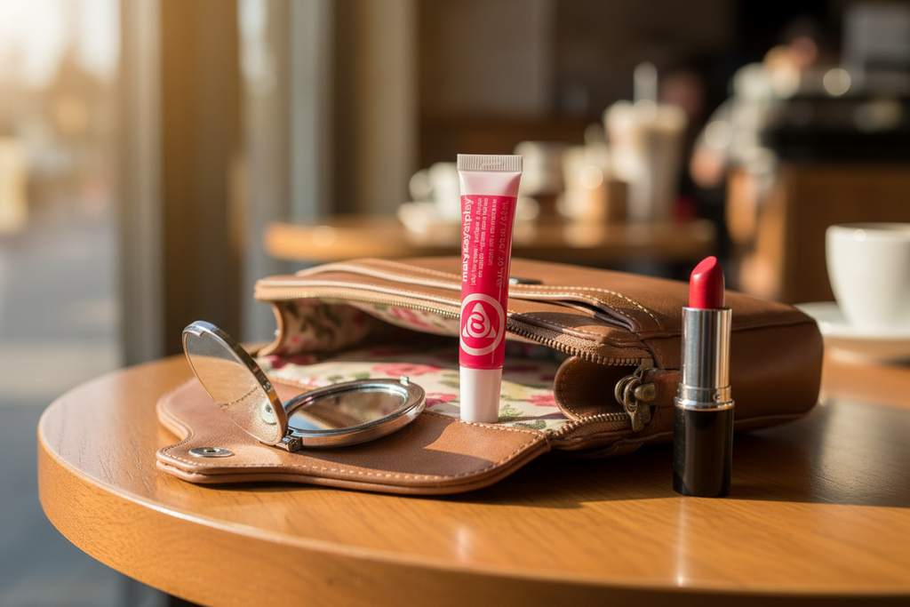 Mary Kay At Play Jelly Lip Gloss tube in open purse on cafe table with compact mirror – on-the-go beauty lifestyle photo