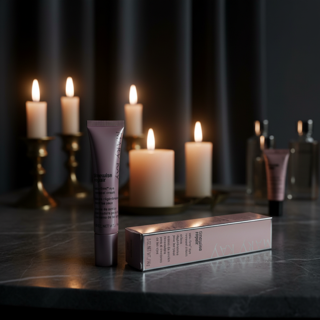 Lifestyle context image of Mary Kay TimeWise Repair Volu-Firm Eye Renewal Cream (AI-generated for visual illustration only) – dark vanity candlelight – More4less Outlet
