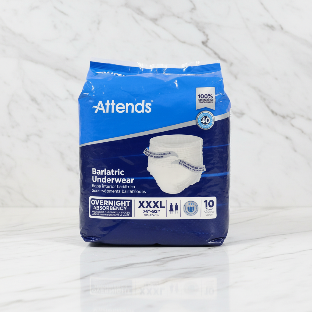 Front-facing studio shot of blue Attends Bariatric Underwear XXXL packaging on clean marble surface