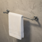 Grohe Essentials polished chrome 2-arm swivel towel bar on grey marble bathroom wall showing one arm extended and one folded