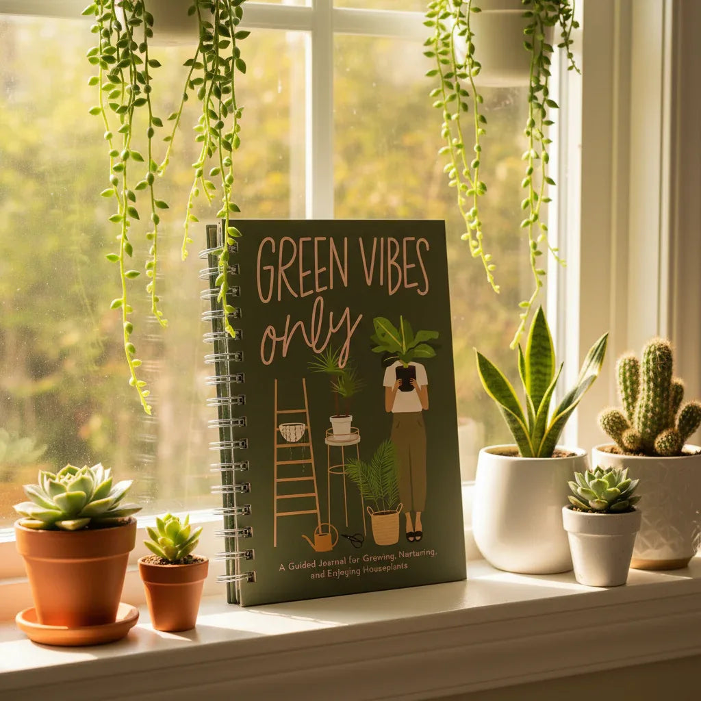 Green Vibes Only journal on sunlit windowsill surrounded by small potted succulents and houseplants with natural light.