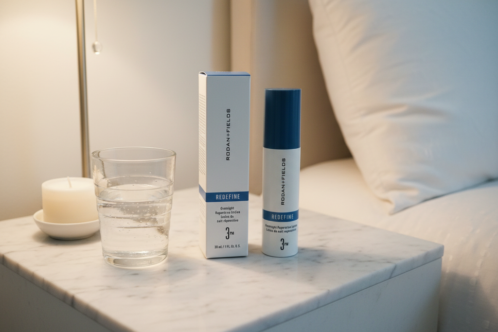 Rodan + Fields REDEFINE Overnight Reparative Lotion 3PM on marble nightstand with candle and white linen pillow bedtime skincare routine – More4less Outlet
