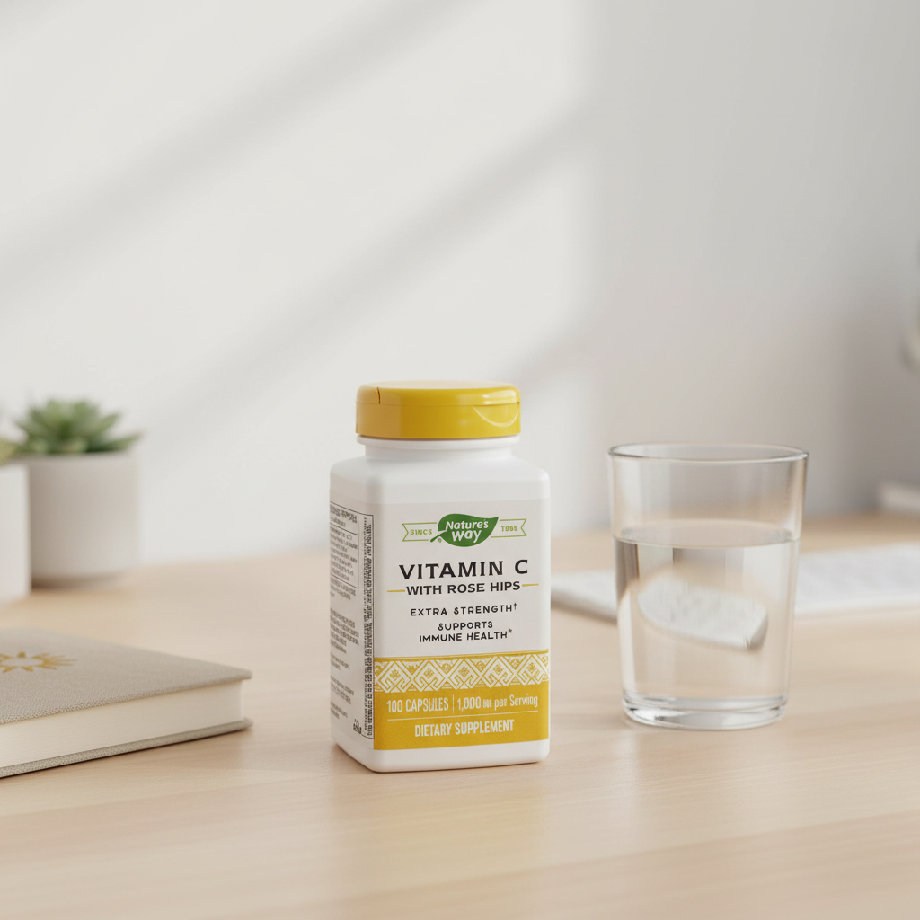 Nature's Way Vitamin C with Rose Hips bottle on minimalist light-oak home office desk next to wellness journal and clear glass of water