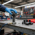 Technician adjusting 3-mode power regulator dial on ultra-compact air impact wrench on workbench