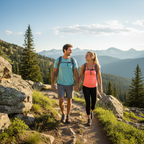 Active couple hiking outdoors on a scenic trail in bright sunlight, healthy wellness lifestyle