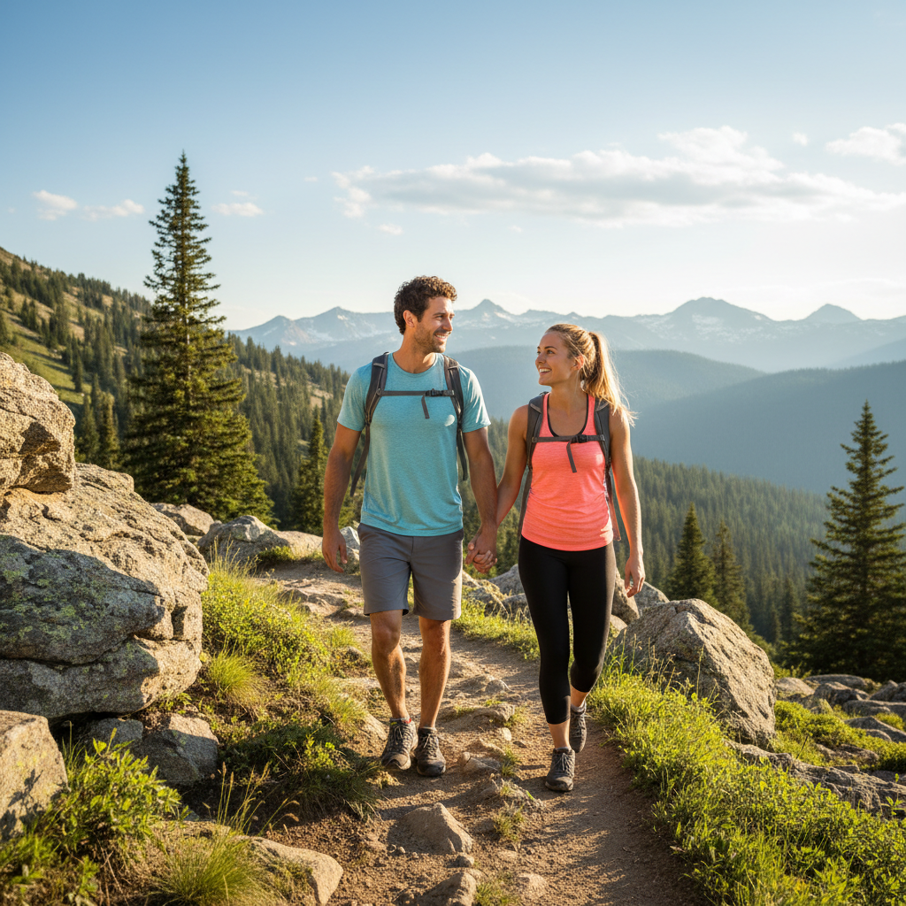 Active couple hiking outdoors on a scenic trail in bright sunlight, healthy wellness lifestyle
