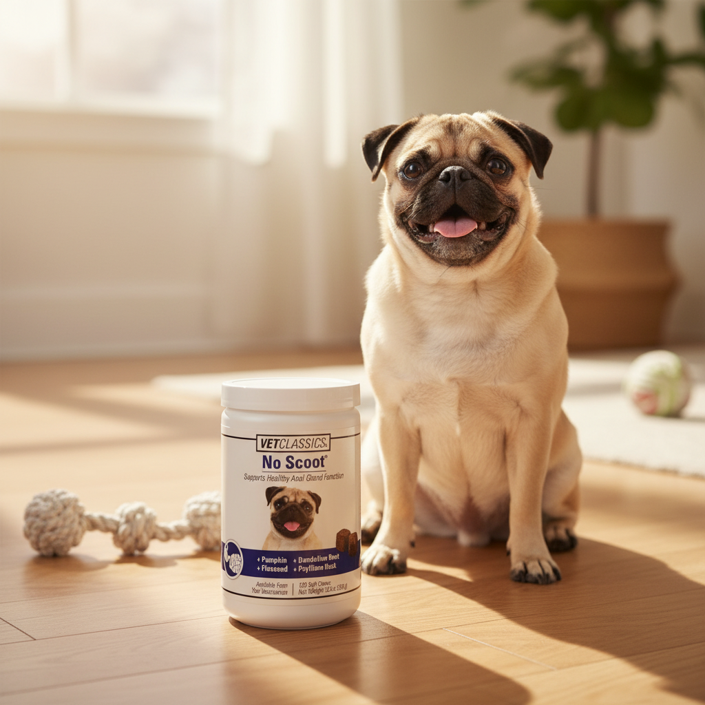 VetClassics No Scoot supplement tub on hardwood floor with happy pug dog sitting beside it