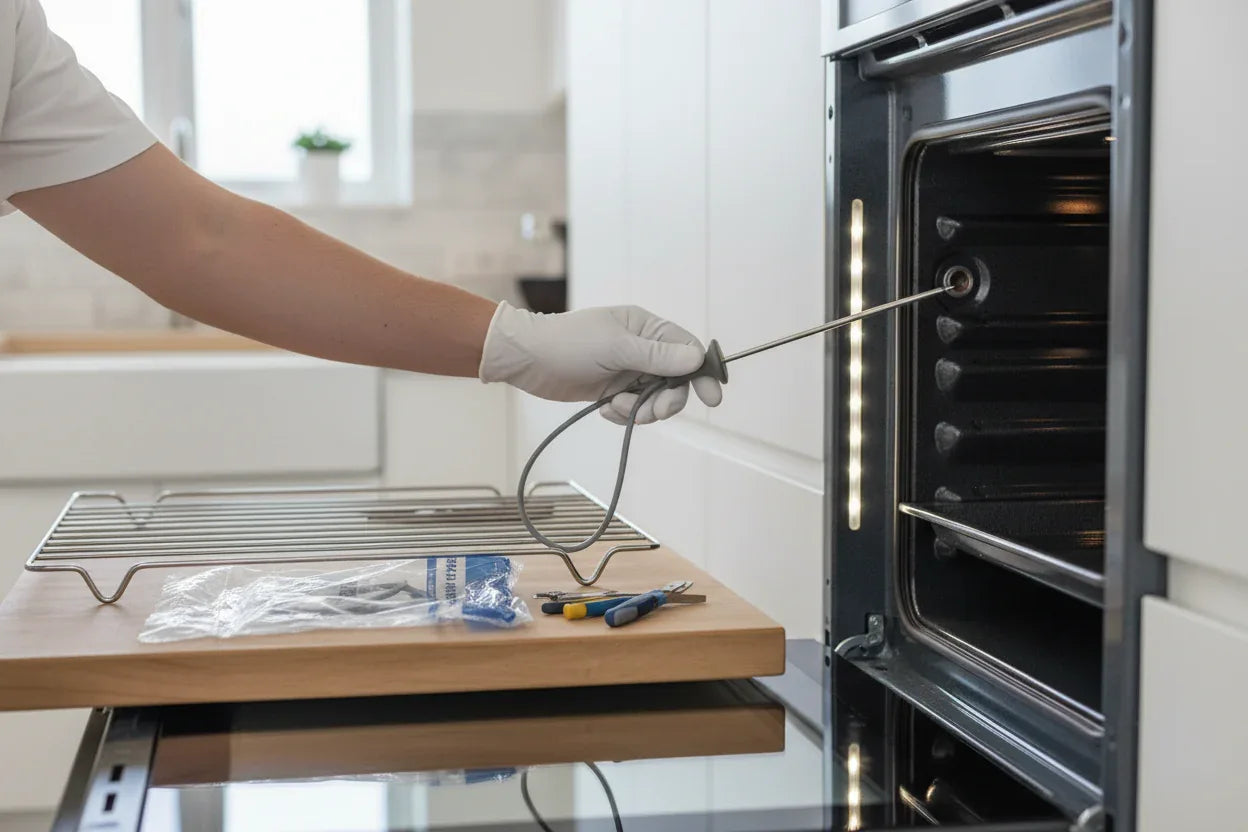 Clean modern kitchen stove interior featuring oven maintenance parts