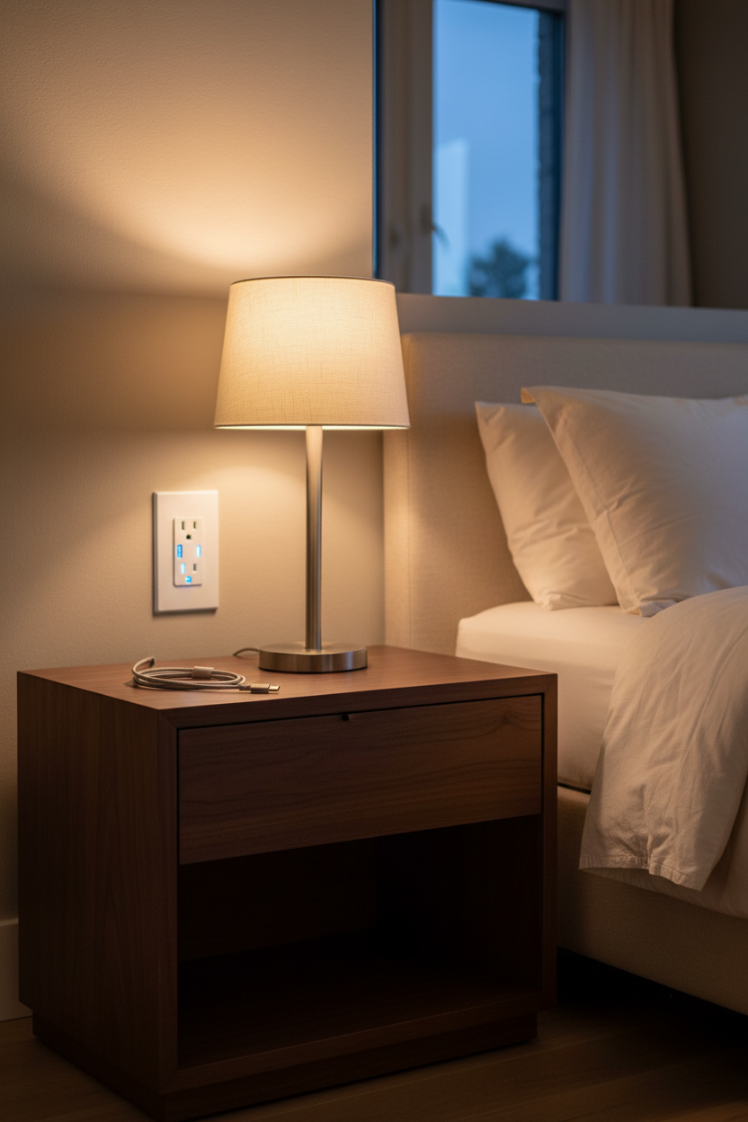 Leviton Decora+ white USB wall outlet installed in contemporary bedroom behind wood nightstand with soft ambient lighting