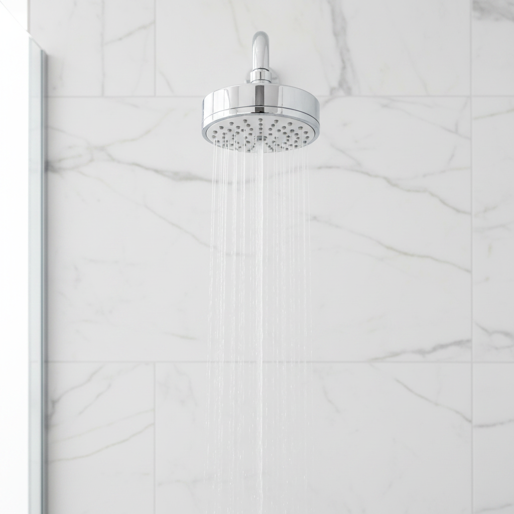 Grohe Tempesta Cosmopolitan 100 polished chrome shower head mounted on a white marble tile shower wall with water streaming.